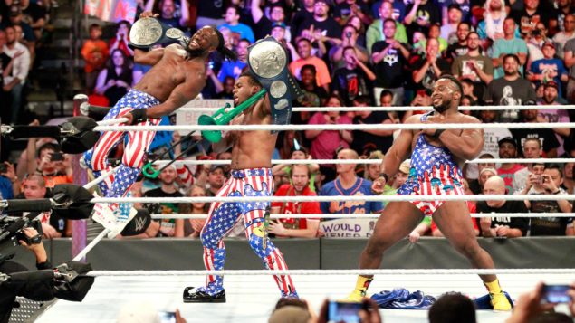 The New Day celebrate winning the WWE SmackDown tag team titles in 2017