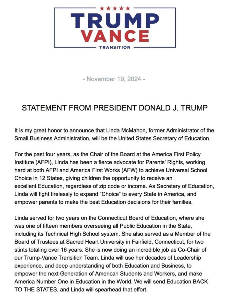 Donald Trump nominates Linda McMahon for United States Secretary of Education