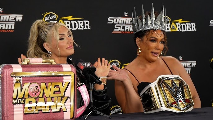 Tiffany Stratton and Nia Jax appear at a press conference.