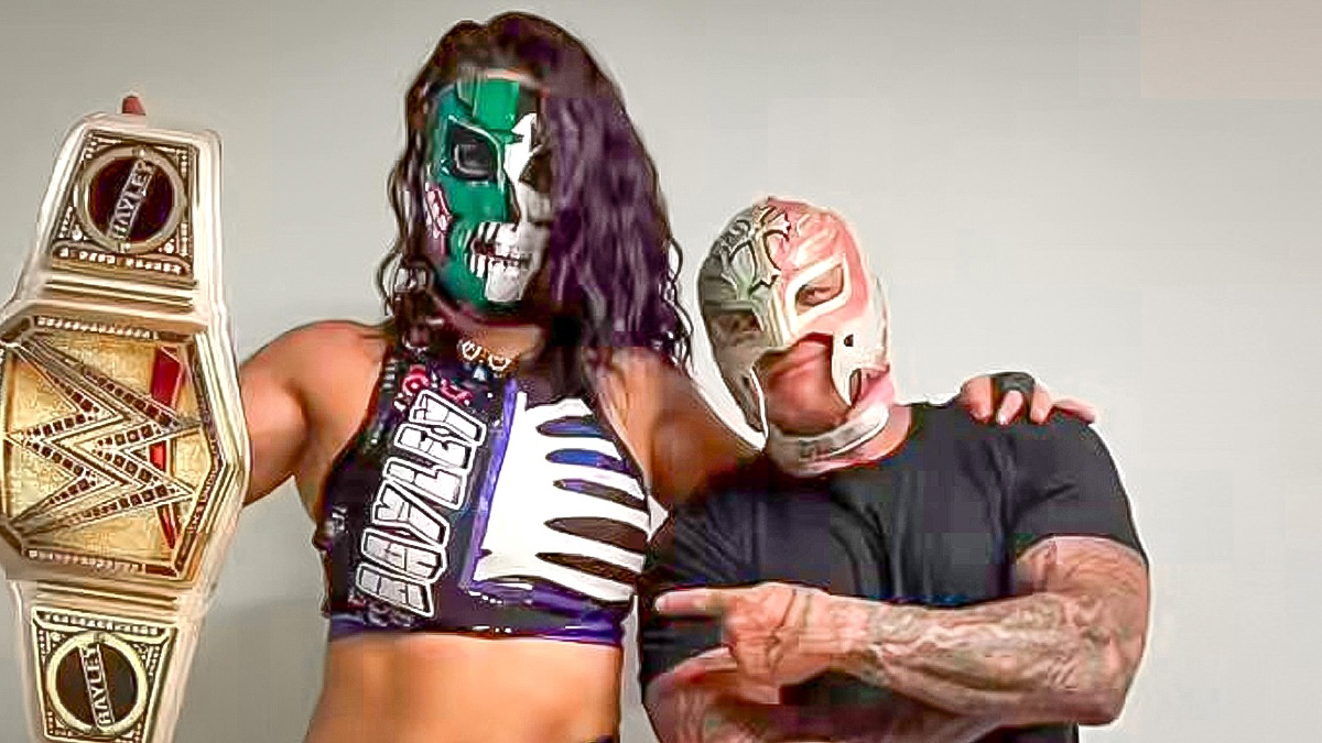 Rey Mysterio and Bayley in a Lucha Mask Mexico City