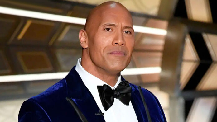 The Rock in a blue tuxedo