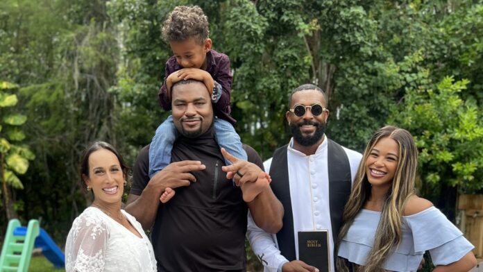 Angelo Dawkins with his wife and Montez Ford & Bianca Belair